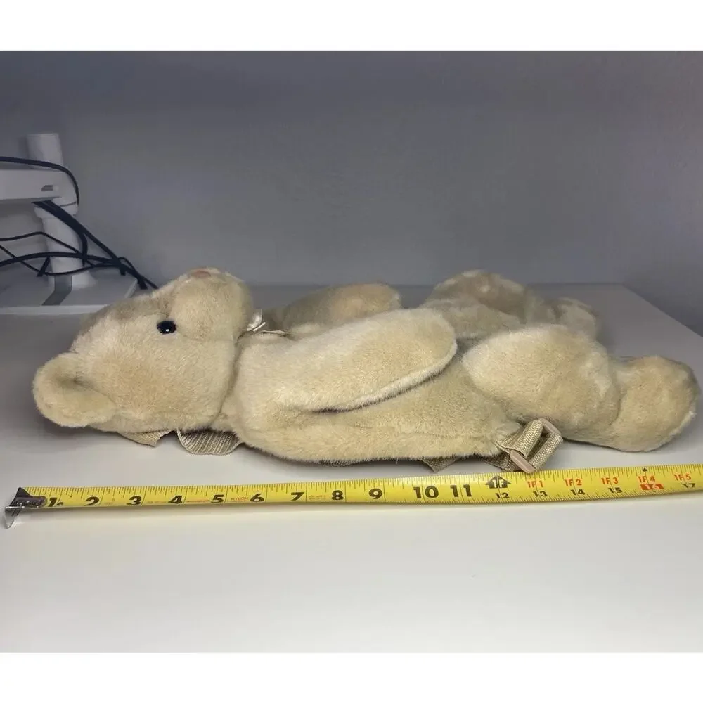 Vintage Mango Teddy Bear Backpack Plush 17” Brown Tan Beige Bow Stuffed Bag
